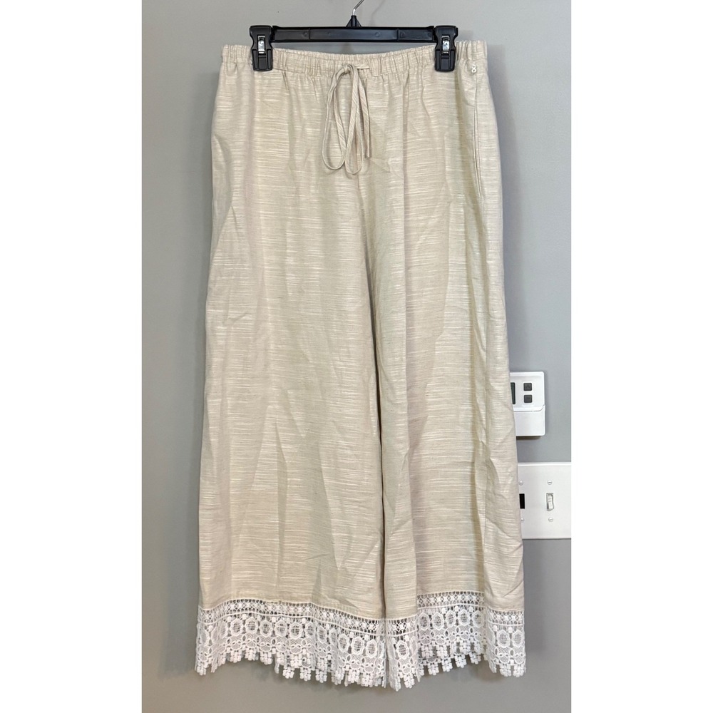 PARKER Women's Beige Linen Blend Palazzo Pants Lace Trim Drawstring Size M